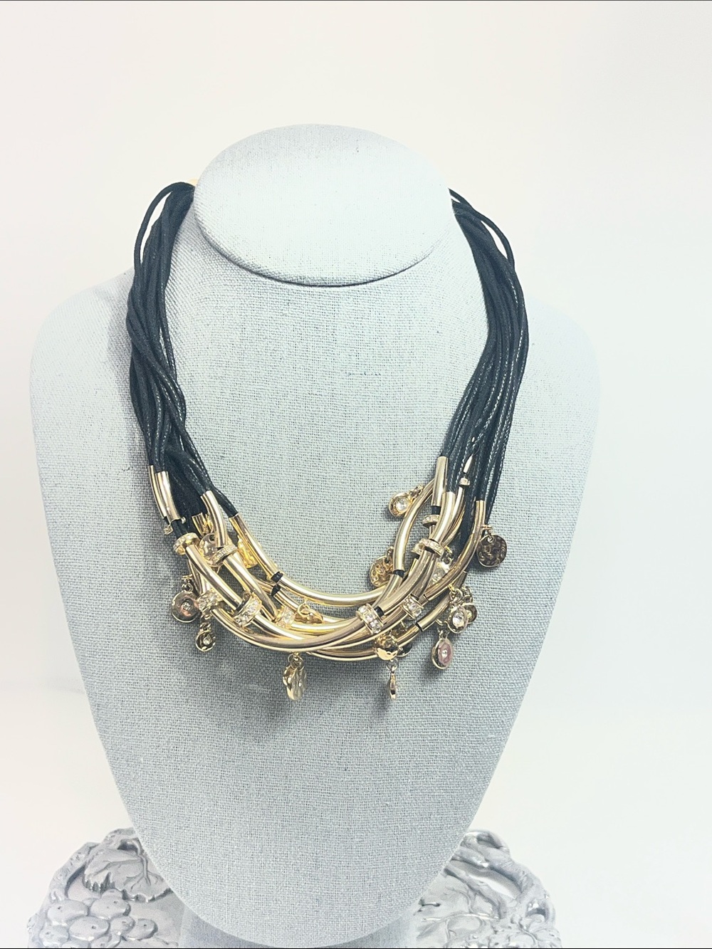 Bella & Jack Multi Strand Twisted Cord Gold  Tone Bar Rhinestone Charms Necklace